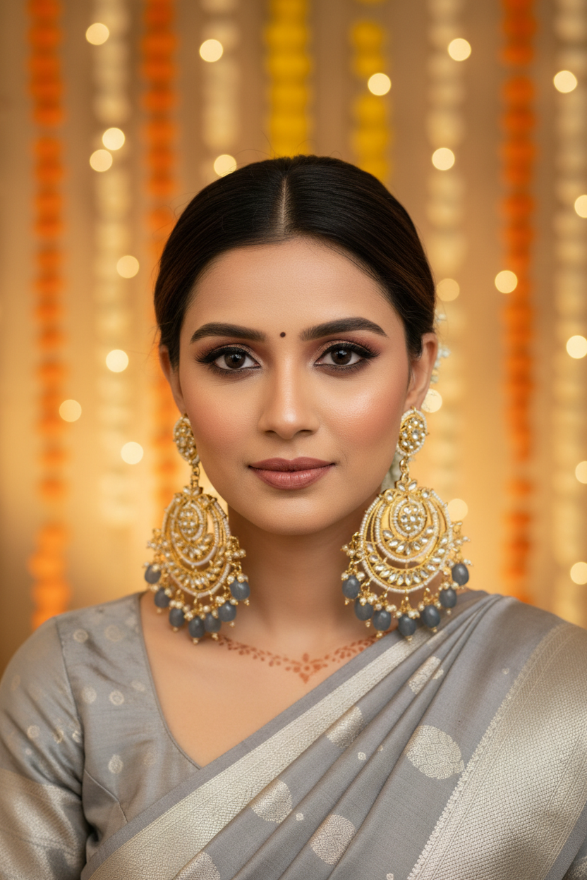 Grey Pearl Kundan Chandbali Earrings - Model Festive