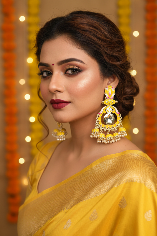 Yellow Meenakari Lotus Chandbali Earrings - Model Festive