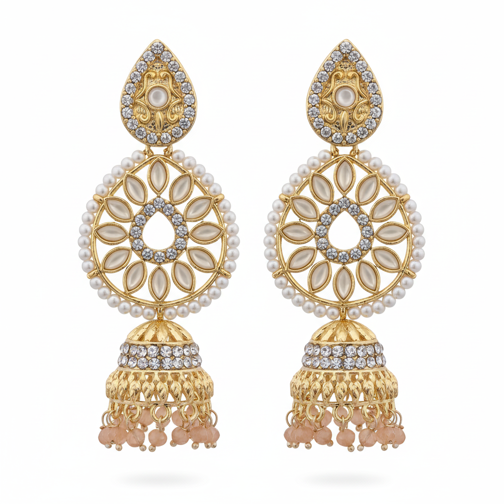 White Cream Crystal Chandbali Jhumki Earrings - White Background