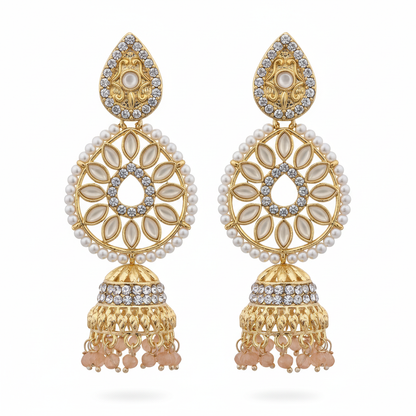 White Cream Crystal Chandbali Jhumki Earrings - White Background