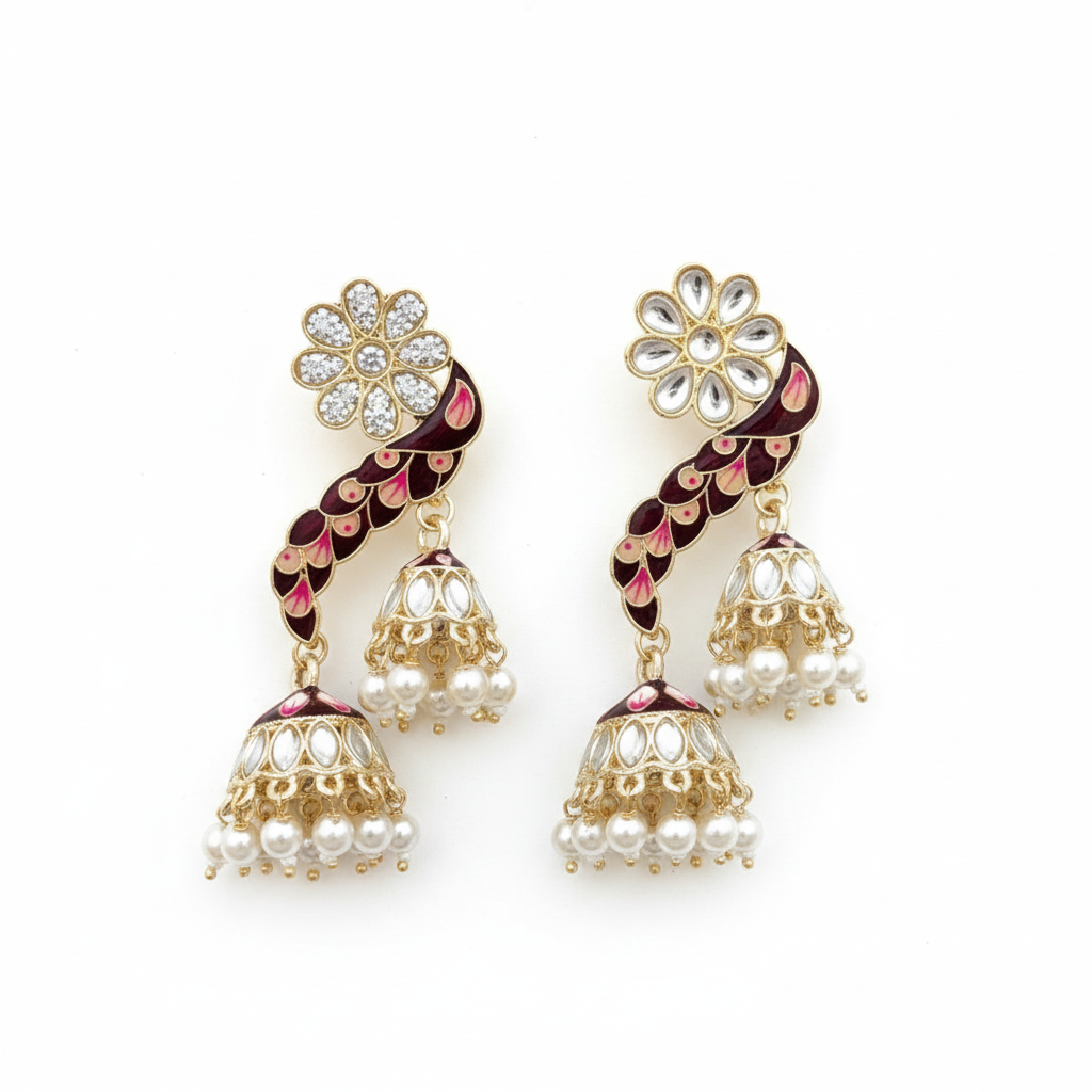 Maroon Meenakari Peacock Triple Jhumki Earrings - White Background
