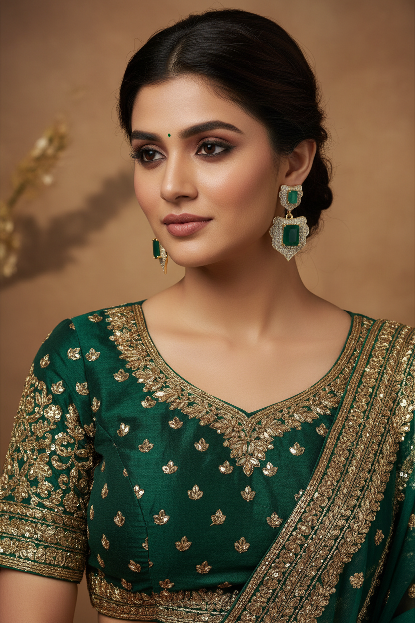 Gold CZ Emerald Green Drop Earrings - Model Wearing