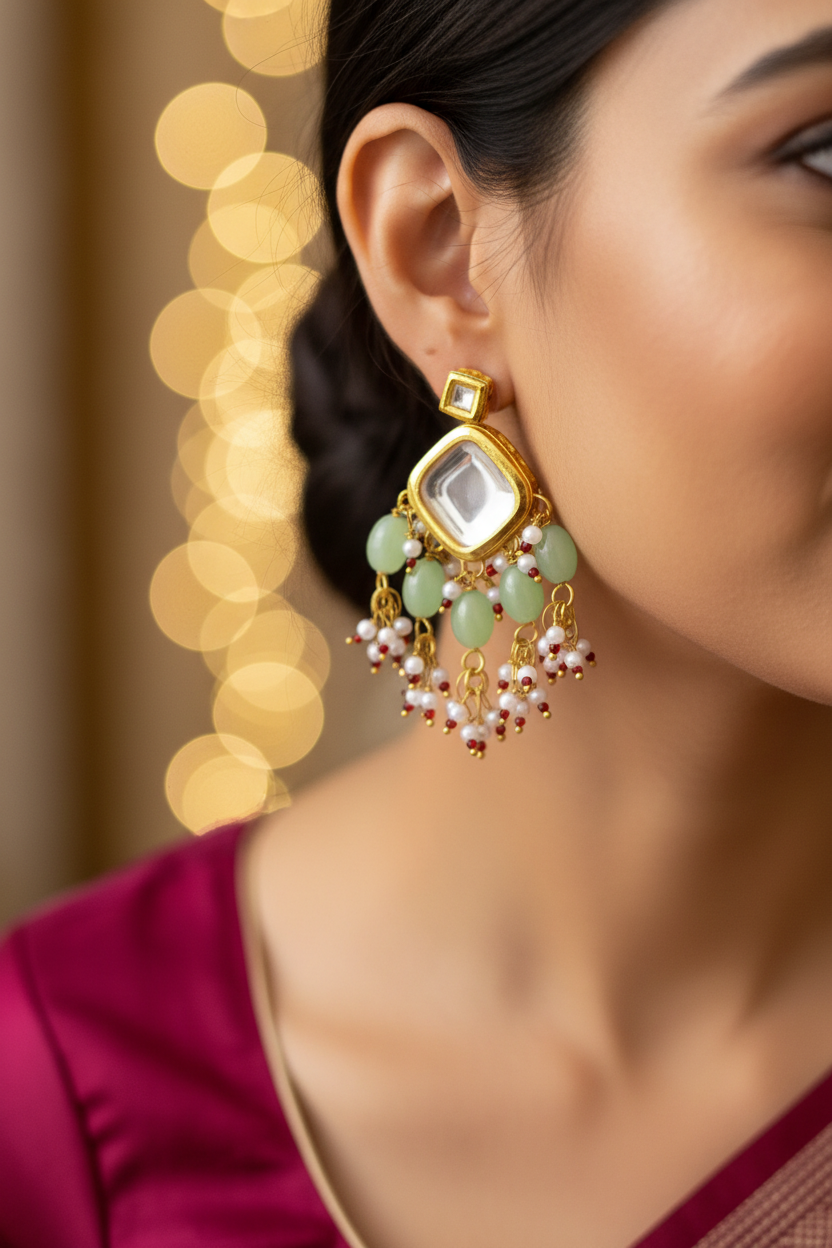 Mint Designer Earrings - earring close-up on model
