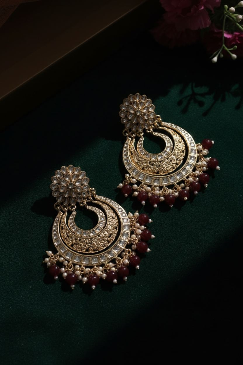 Wine Designer Chandbali Earrings - editorial