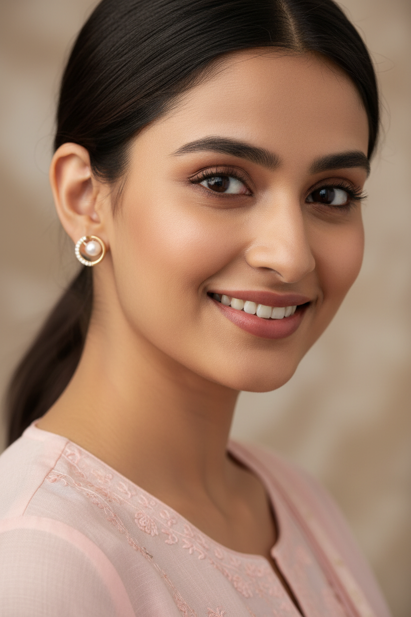 Gold American Diamond Pearl Circle Stud Earrings - Model