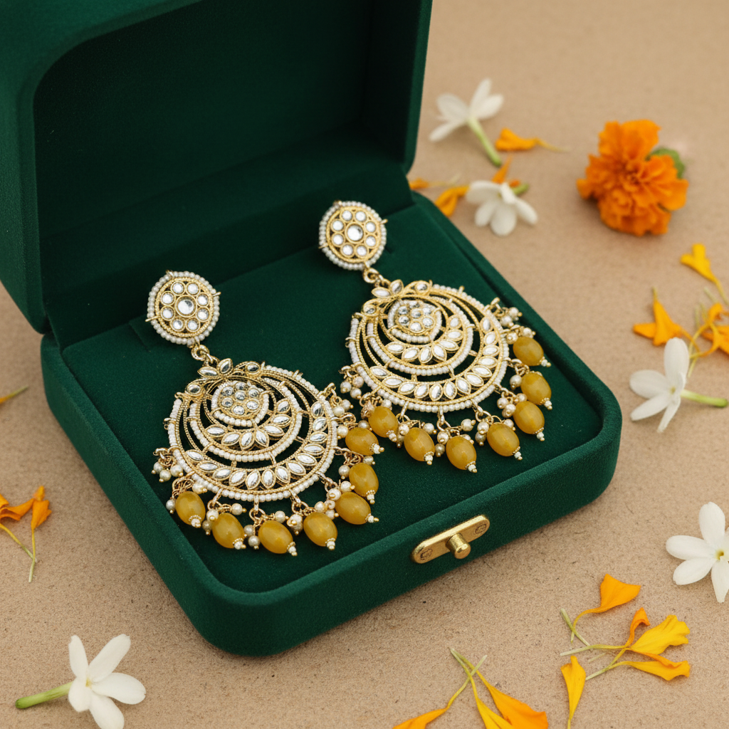 Yellow Pearl Kundan Chandbali Earrings - Green Velvet Box
