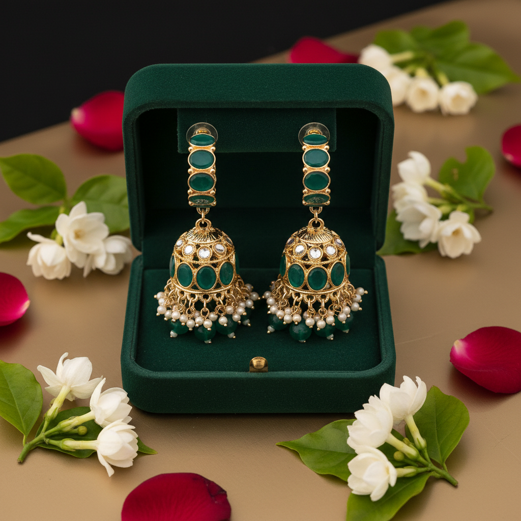 Emerald Kundan Hoop Jhumki Earrings - Velvet Box