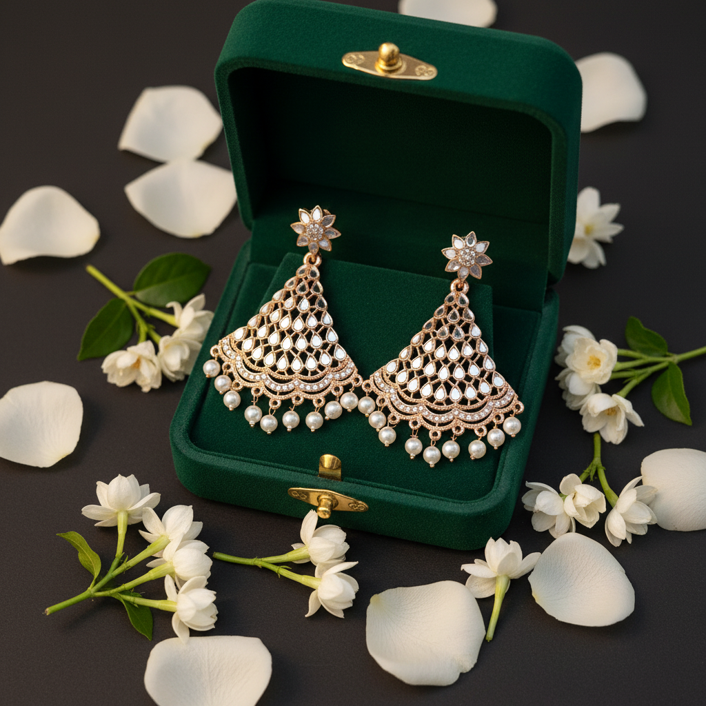White Pearl Mirror Kundan Chandbali Earrings - Green Velvet Box