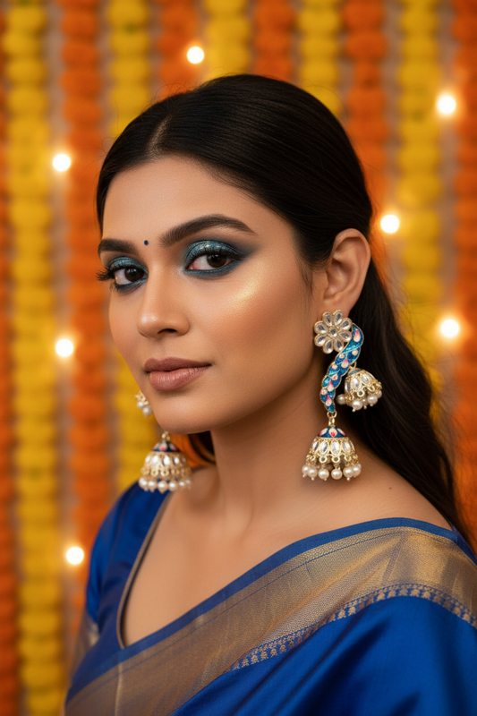 Blue Meenakari Peacock Jhumki Earrings - Model Festive