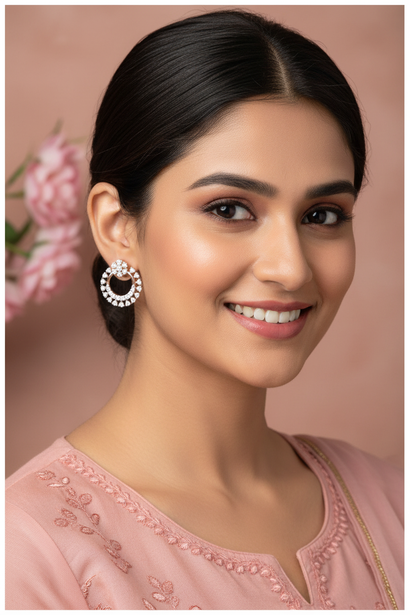 American Diamond CZ Circle Hoop Stud Earrings - Model