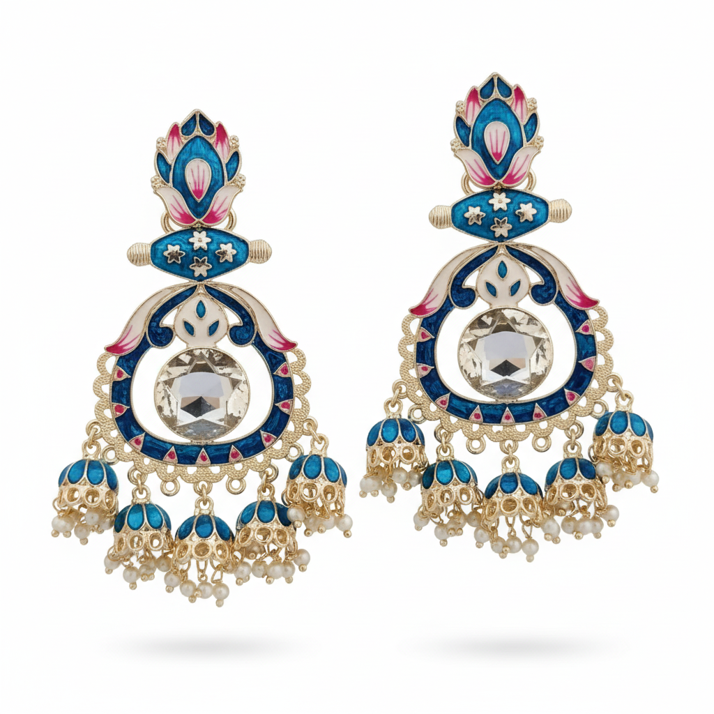Blue Meenakari Lotus Chandbali Earrings - White Background