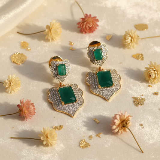 Gold CZ Emerald Green Drop Earrings - Flat Lay