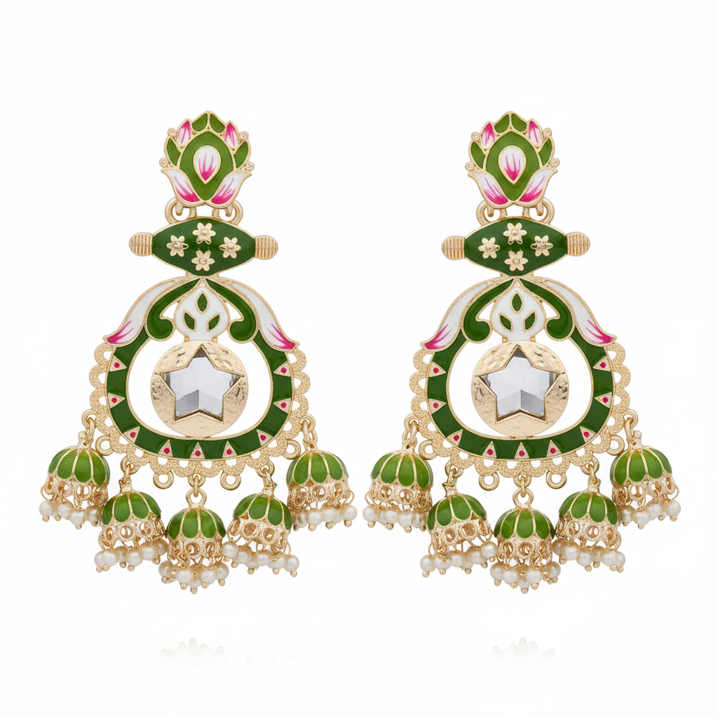 Green Meenakari Lotus Chandbali Earrings - White Background