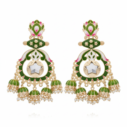 Green Meenakari Lotus Chandbali Earrings - White Background
