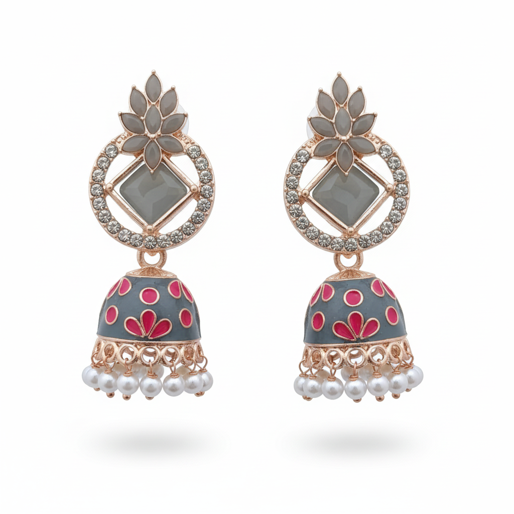 Grey and Pink Meenakari Lotus Jhumki Earrings - White Background