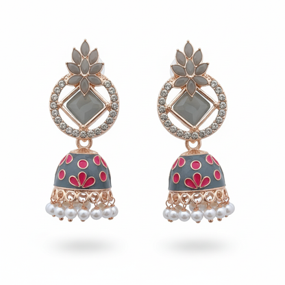 Grey and Pink Meenakari Lotus Jhumki Earrings - White Background