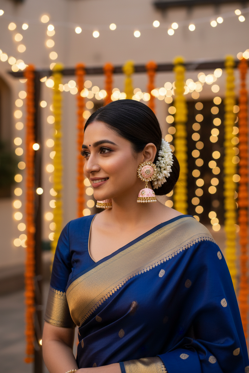 Light Pink Meenakari Kundan Jhumki Earrings - full model teal saree courtyard