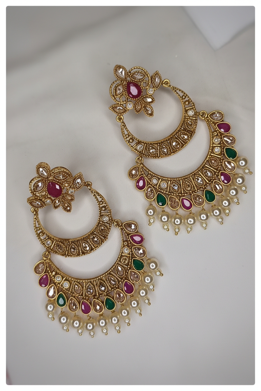 Emerald Designer Chandbali - white background