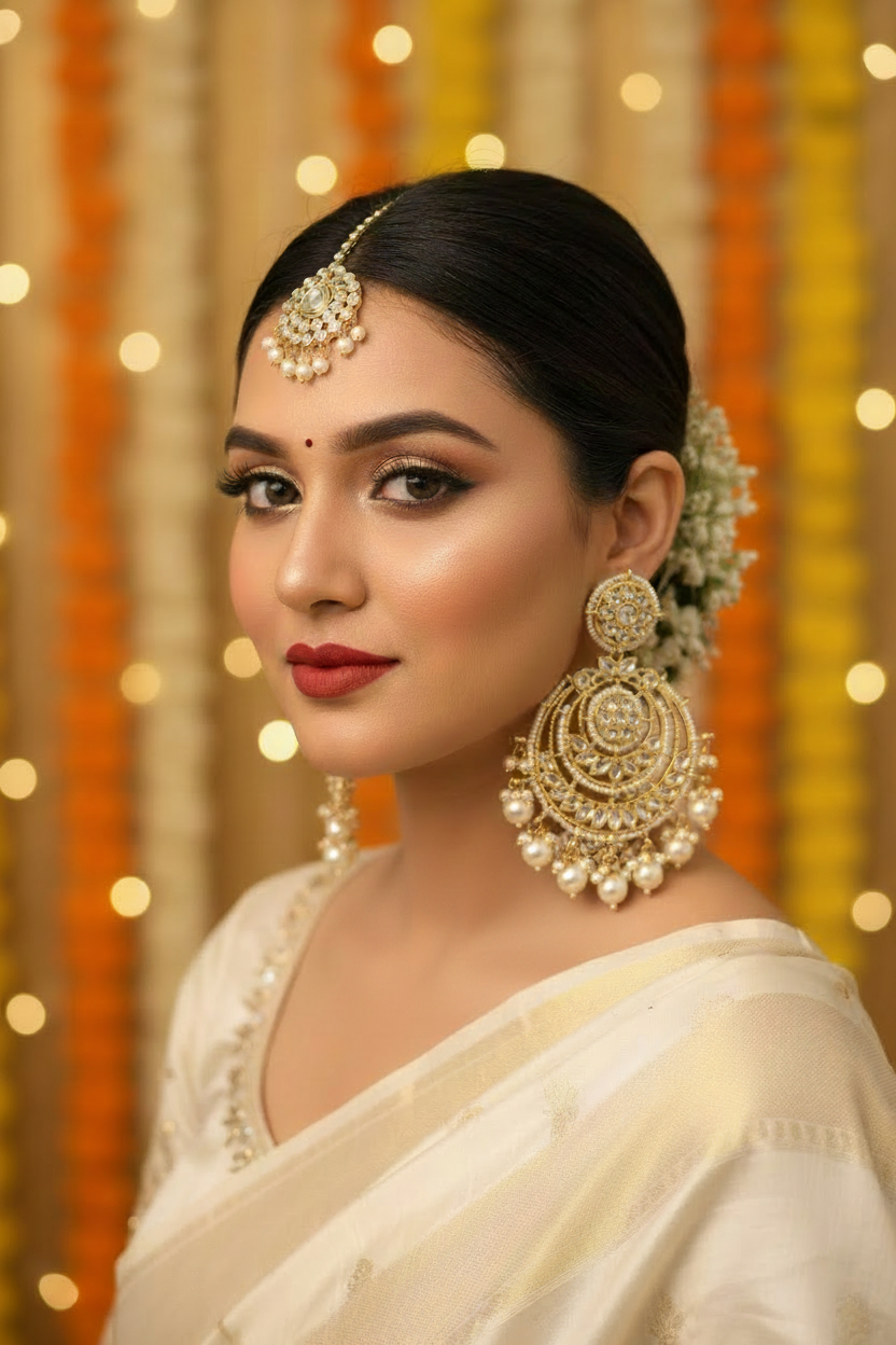 White Pearl Kundan Chandbali Earrings - Model Earrings Only
