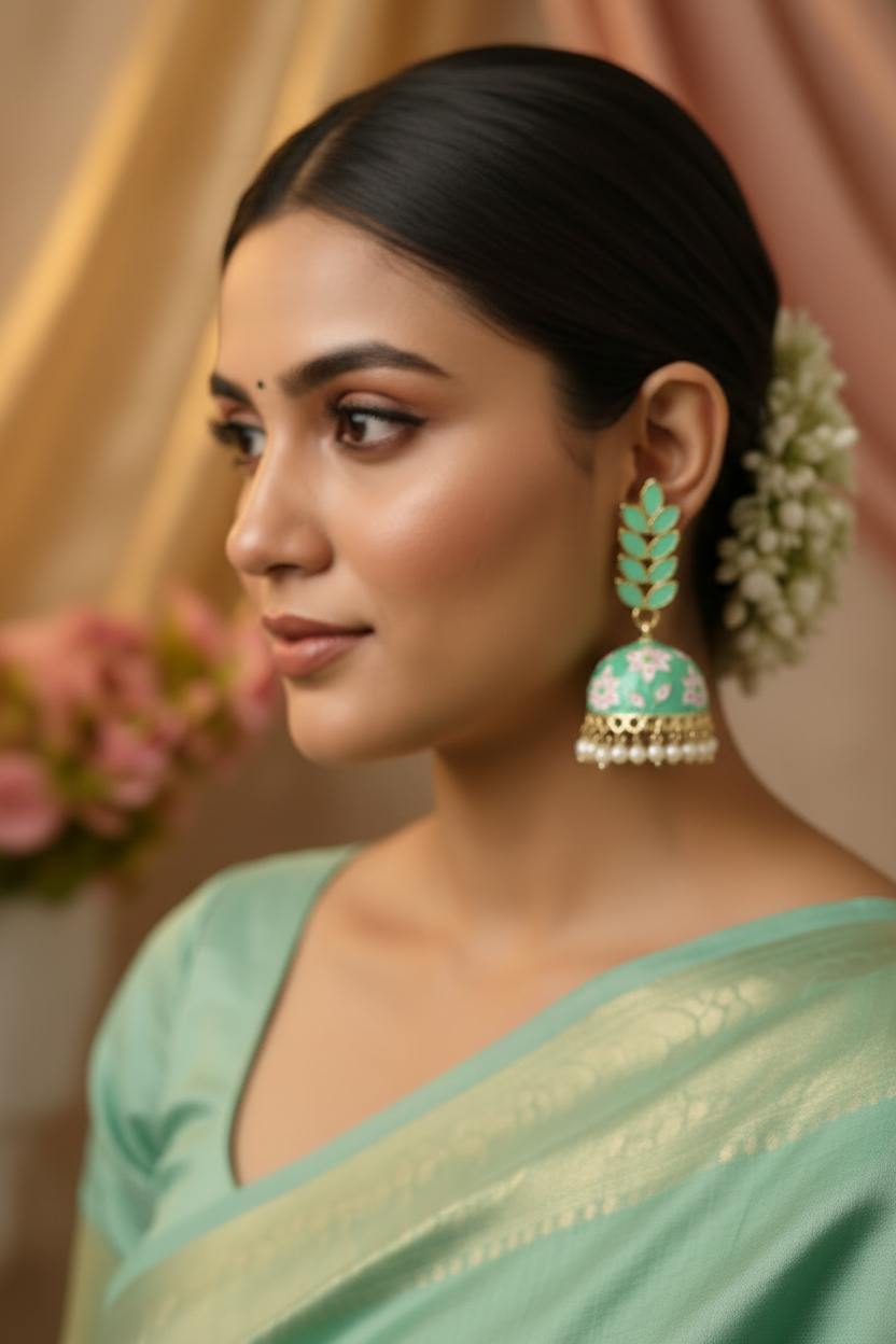 Mint Meenakari Jhumki Earrings - Model Close-up